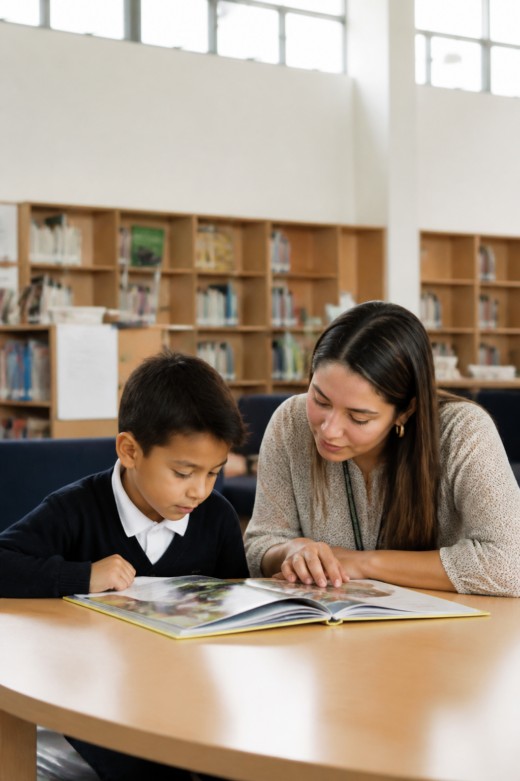 Estudiante y docente compartiendo una lectura